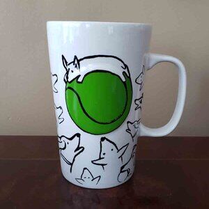 2015 Starbucks Ceramic Mug 16 oz White Green Black Dogs Tennis Ball Fetch